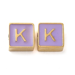 304 Stainless Steel Enamel Beads, Real 14K Gold Plated, Square with Letter, Letter K, 8x8x4mm, Hole: 2mm(STAS-L022-293G-K)