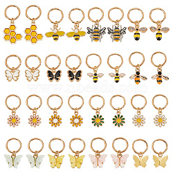 Alloy Enamel & Resin & Rhinestone Braiding Hair Pendants Decoration Clips, with Alloy Jump Rings, Bee/Butterfly/Flower, Mixed Color, 25~36mm, 16 style, 2pcs/style, 32pcs/box(PALLOY-AB00088)