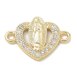 Rack Plating Brass Micro Pave Clear Cubic Zirconia Religion Heart Virgin Mary Connector Charms, Long-Lasting Plated, Lead Free & Cadmium Free, Real 18K Gold Plated, 10.5x16x2.2mm, Hole: 1.6mm(KK-L224-099G-04)