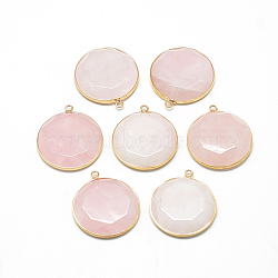 Natural Rose Quartz Pendants, with Brass Findings, Faceted, Flat Round, Golden, Misty Rose, 35.5x31.5x6~7mm, Hole: 2mm(G-Q967-03)