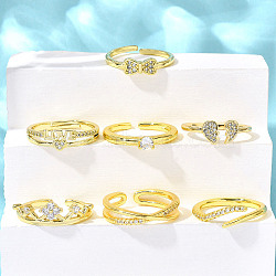 7Pcs 7 Styles Valentine's Day Goddess Series Brass Micro Pave Clear Cubic Zirconia Cuff Rings for Women, Real 18K Gold Plated, 3.5~7.5mm, Inner Diameter: 16.5~18.5mm(RJEW-S399-16G)