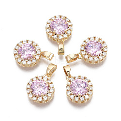 Brass Micro Pave Cubic Zirconia Charms, with Glass and Brass Snap on Bails, Nickel Free, Real 18k Gold Plated, Flat Round, Pearl Pink, 14x11.5x5mm, Hole: 2x4mm(KK-R134-093B-NF)