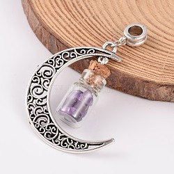 Moon Antique Silver Alloy European Dangle Charms, with Amethyst Glass Wishing Bottles, 57x28x10mm, Hole: 4.5mm(PALLOY-JF00153-03)