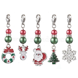 Christmas Alloy Enamel Pendant Decorations, Glass Pearl Charms for Bag Key Chain Ornaments, Mixed Shapes, Platinum, 50~55x13~50mm, 5pcs/set(HJEW-TA00193)