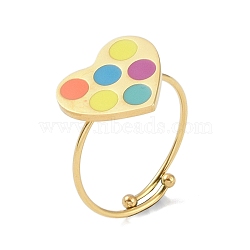 Heart 304 Stainless Steel Enamel Ring, 316 Surgical Stainless Steel Open Cuff Ring for Women, Real 18K Gold Plated, Colorful, Adjustable(RJEW-A038-19G-05)