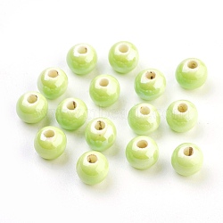 Handmade Porcelain Beads, Pearlized, Round, Green Yellow, 8mm, Hole: 2mm(X-PORC-D001-8mm-21)