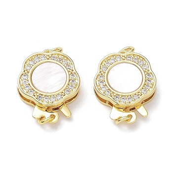 Rack Plating Brass Micro Pave Clear Cubic Zirconia Box Clasps, with Natural Shell, 1-Strand, 2-Hole, Long-Lasting Plated, Lead Free & Cadmium Free, Flower, Real 18K Gold Plated, 17x13x3.5mm, Hole: 1.2mm