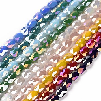 Faceted Electroplated Glass Beads Strands, AB Color Plated, Opaque Solid Color, Oval, Mixed Color, 10.5x8x5mm, Hole: 1.5mm, about 58~60pcs/strand, 25.59 inch(65cm)