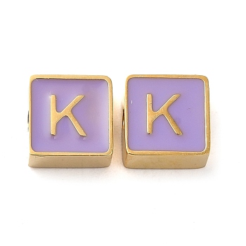 304 Stainless Steel Enamel Beads, Real 14K Gold Plated, Square with Letter, Letter K, 8x8x4mm, Hole: 2mm