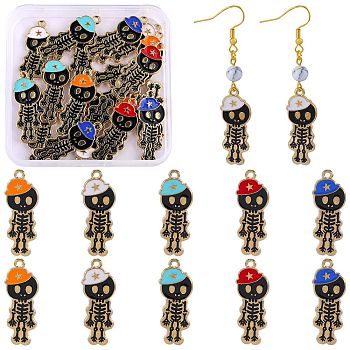 25Pcs 5 Colors Alloy Enamel Pendants, Skeleton with Hat Charm, Golden, Mixed Color, 32.5x13x1.5mm, Hole: 1.6mm, 5pcs/color