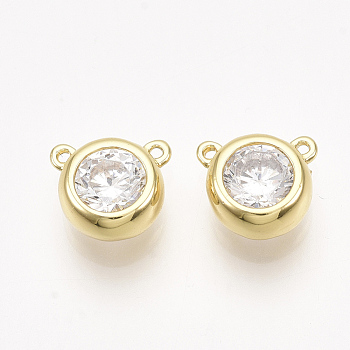 Brass Cubic Zirconia Charms, Real 18K Gold Plated, Nickel Free, Flat Round, Clear, 7x8x4mm, Hole: 0.7mm