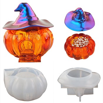 DIY Pumpkin Jack-O'-Lantern Storage Box Silicone Molds Kit, including 1Pc Box Molds, 1Pcs Lid Molds, Resin Casting Molds, Halloween Theme, White, 100~101x100x56~59mm
