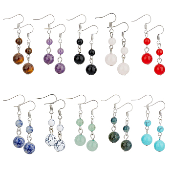 10 Pairs 10 Style Natural Mixed Gemstone Round Beaded Dangle Earrings, Platinum Plated Iron Jewelry for Women, 43mm, Pin: 0.7mm, 1 Pair/style