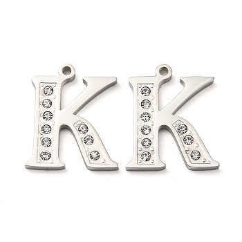 304 Stainless Steel Pendants, with Rhinestone, Letter K, Letter K, 18x15x2mm, Hole: 1.4mm