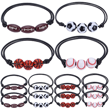 20Pcs 4 Styles Sport Theme Acrylic Beaded Bracelets for Men Women, with Wax Cord, Mixed Shapes, Mixed Color, Inner Diameter: 2-1/8~4 inch(5.5~10cm), 5pcs/style 