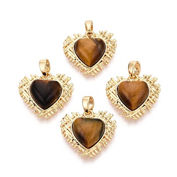 Natural Tiger Eye Pendants, Heart Charms with Brass Settings, Real 18K Gold Plated, 16.5x18x6~6.5mm, Hole: 4.5x2.5mm