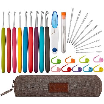 Knitting Tool Sets, 18Pcs Aluminum Crochet Hooks Needles and ABS Plastic Knitting Crochet Locking Stitch Markers, Sewing Scissors, Pen Bag and Stainless Steel Needles Sets, Mixed Color, 140x10mm, 9pcs/box, 1 box