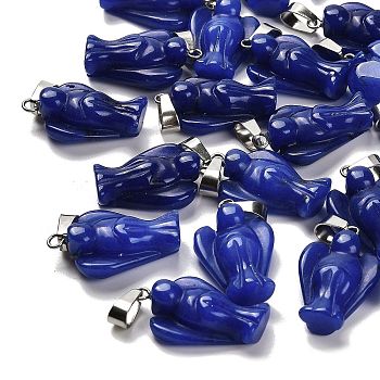 Dyed Natural White Jade Pendants, with 201 Stainless Steel Finding, Angel, Blue, 24~25x15~16x7~8mm, Hole: 5x7mm