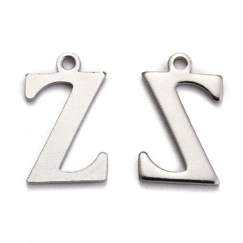 304 Stainless Steel Alphabet Charms, Stainless Steel Color, Letter.Z, 12x7.5x1mm, Hole: 1mm