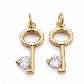 Brass Micro Pave Clear Cubic Zirconia Pendants, Long-Lasting Plated, Key, Real 18K Gold Plated, 14x5x3.5mm, Jump Ring: 5x0.7mm, Inner Diameter: 3.5mm