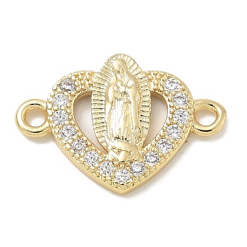 Rack Plating Brass Micro Pave Clear Cubic Zirconia Religion Heart Virgin Mary Connector Charms, Long-Lasting Plated, Lead Free & Cadmium Free, Real 18K Gold Plated, 10.5x16x2.2mm, Hole: 1.6mm