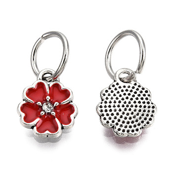 Enamel Style Flower Alloy Rhinestone Charms, with Iron Findings, Antique Silver, Red, 13.5x11x3mm, Hole: 6mm