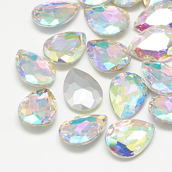 Pointed Back Glass Rhinestone Cabochons, Back Plated, Faceted, teardrop, Crystal AB, 8x6x3mm