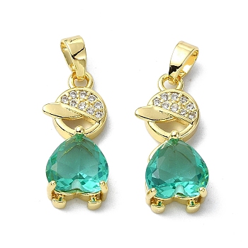 Rack Plating Brass Micro Pave Clear Cubic Zirconia Pendants, Real 18K Gold Plated, Long-Lasting Plated, Lead Free & Cadmium Free, with Glass, Human, Turquoise, 19.5x8.5x5mm, Hole: 2.5x4mm