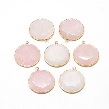 Natural Rose Quartz Pendants, with Brass Findings, Faceted, Flat Round, Golden, Misty Rose, 35.5x31.5x6~7mm, Hole: 2mm