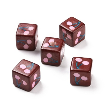 Opaque Printed Acrylic Beads, Cube with Cherry Pattern, Pearl Pink, 13.5x13.5x13.5mm, Hole: 3.8mm