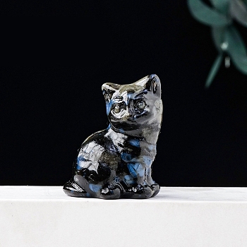 Natural Labradorite Carved Healing Lucky Cat Figurines, Reiki Energy Stone Home Desktop Decoration, 30x23mm