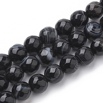Natural Striped Agate/Banded Agate Beads Strands, Dyed, Faceted, Round, Black, 10mm, Hole: 1.2mm, about 37pcs/strand, 15.3 inch