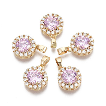 Brass Micro Pave Cubic Zirconia Charms, with Glass and Brass Snap on Bails, Nickel Free, Real 18k Gold Plated, Flat Round, Pearl Pink, 14x11.5x5mm, Hole: 2x4mm