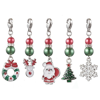 Christmas Alloy Enamel Pendant Decorations, Glass Pearl Charms for Bag Key Chain Ornaments, Mixed Shapes, Platinum, 50~55x13~50mm, 5pcs/set
