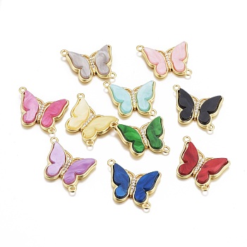 Brass Links Connectors, with Resin and Micro Pave Clear Cubic Zirconia, Butterfly, Golden, Mixed Color, 20.5x22x3mm, Hole: 1.5mm