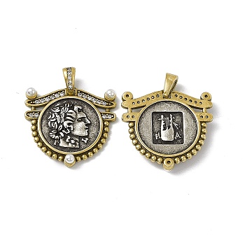 Rack Plating Brass Micro Pave Clear Cubic Zirconia Pendants, with ABS Imitation Pearl, Cadmium Free & Lead Free & Nickle Free, Shield with Greece Coin Charm, Antique Silver & Antique Golden, 23x23.5x4mm, Hole: 4.5x3mm