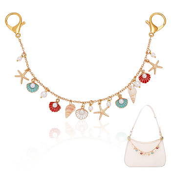 Natural Shell & Alloy Enamel Shell Shape Starfish Charm Iron Bag Decorative Chains, Colorful, Golden, 310mm