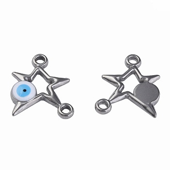 304 Stainless Steel Enamel Connector Charms, Stainless Steel Color, Star with Evil Eye, White, 16x13.5x3mm, Hole: 1.6mm