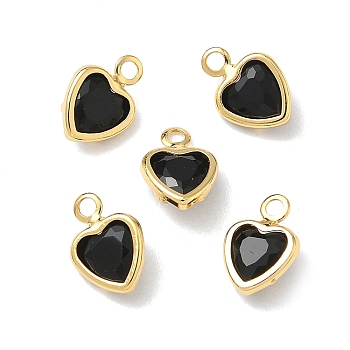 Brass Glass Charms, Heart Charms, Nickel Free, Faceted, Real 18K Gold Plated, Black, 8x6x2.5mm, Hole: 1.2mm