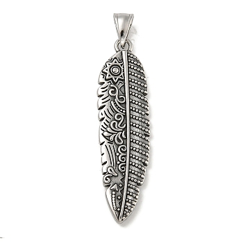 316 Surgical Stainless Steel Pendants, Feather Charmr, Antique Silver, 56.5x15x3.5mm, Hole: 4x8mm