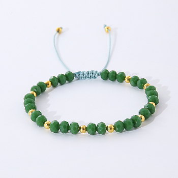 Bohemian Style Handmade Glass Braided Bead Bracelets for Women, with Brass Beads, Green