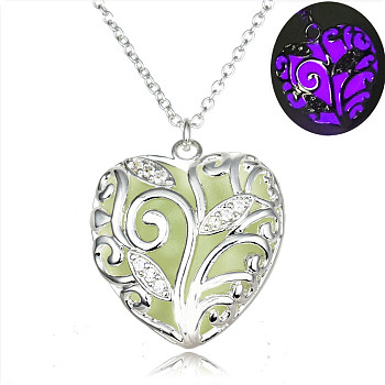 Alloy Heart Cage Pendant Necklace with Synthetic Luminaries Stone, Glow In The Dark Jewelry for Women, Silver, Purple, 20.28 inch(51.5cm)