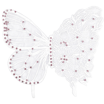 Ppolyester & Resin Thread Iron on/Sew On Patches, Hot Melt Adhesive, Cloth Appliques, Butterfly, White, 302x341x5.5mm