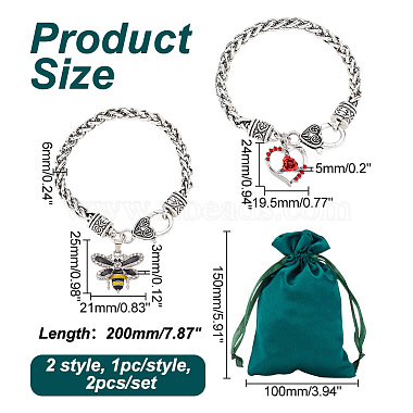 2Pcs 2 Styles Bee & Heart Rose Rhinestone Charm Bracelets Set with Enamel(BJEW-AB00006)-2