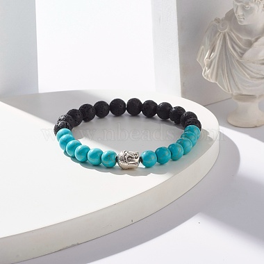 Round Synthetic Turquoise & Natural Lava Rock Stretch Bracelet(BJEW-JB07470-01)-2