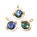 Brass Cubic Zirconia & Paua Shell Pendants, Freshwater Shell Charms, Real 18K Gold Plated, Flat Round, 18.5x19.5x5.5mm, Hole: 5.5x2.5mm(KK-G553-01A-G)