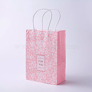 kraft Paper Bags, with Handles, Gift Bags, Shopping Bags, Rectangle, Flower Pattern, Pink, 21x15x8cm(CARB-E002-S-F02)