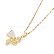 201 Stainless Steel Cable Chain Necklaces, Brass Micro Pave Clear Cubic Zirconia and Shell Pendant Necklaces, Bowknot, Real 18K Gold Plated, 16.14 inch(41cm)(NJEW-P309-21G)