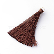 Nylon Thread Tassel Big Pendants Decoration, with Brass Findings, Golden, Coconut Brown, 63~66x7mm, Hole: 7mm(FIND-Q065-A19)