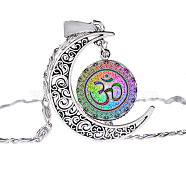 Moon with Sun Glass Pendant Necklace, Om Aum Ohm Yoga Theme Alloy Jewelry for Women, Colorful, 17.72 inch(45cm)(CHAK-PW0001-020H)